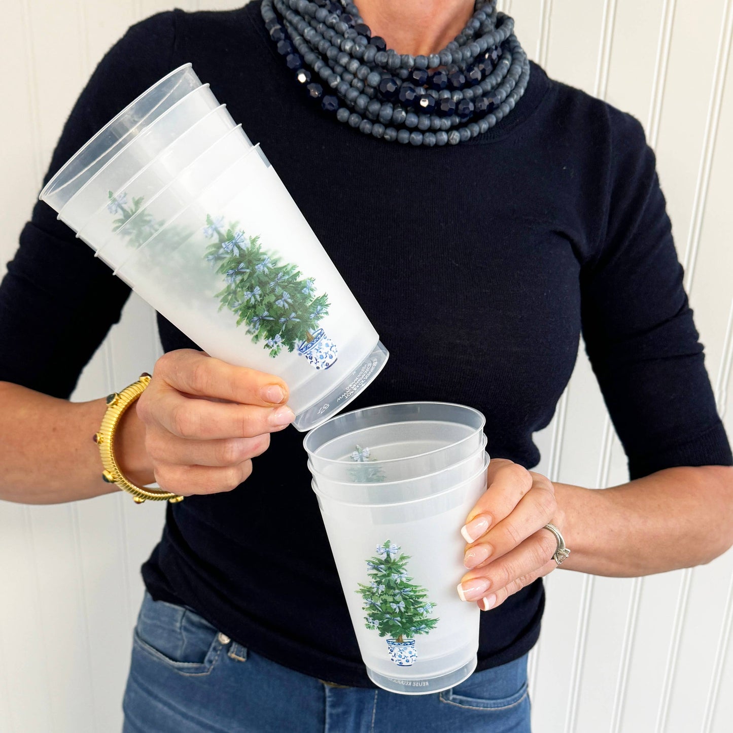 In Stock Blue Bows Christmas Tree Shatterproof Cups